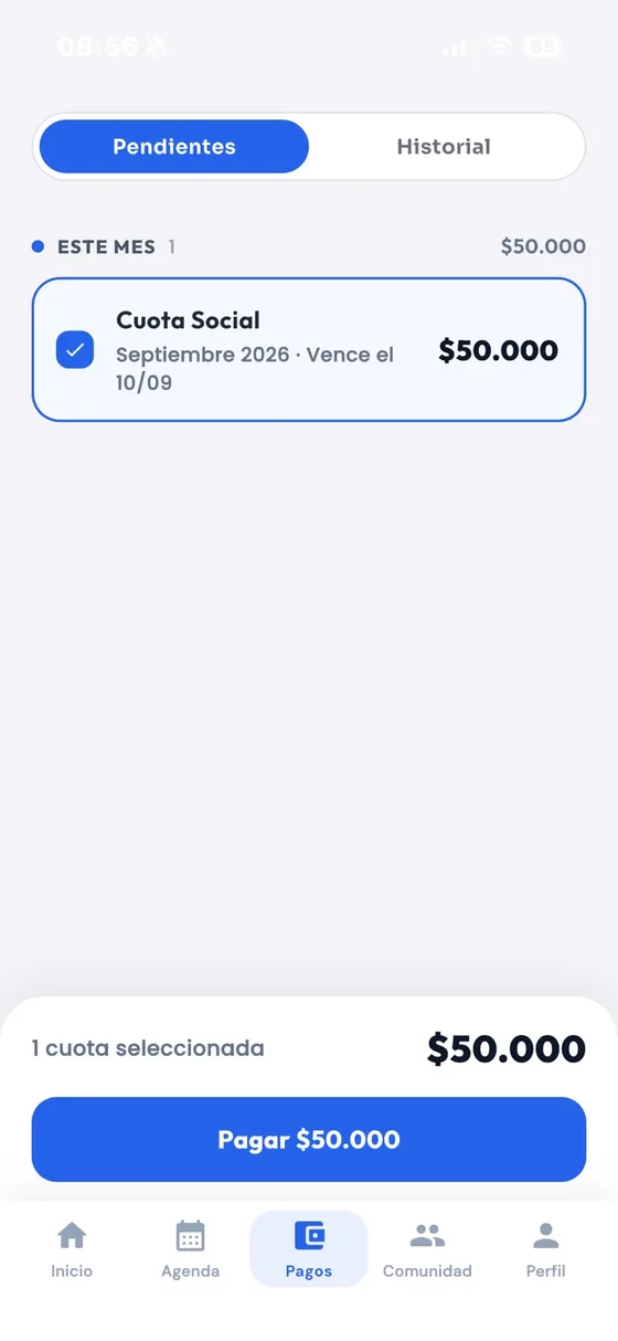 Pantalla de pagos de la app: la cuota del mes pendiente y el botón para pagarla